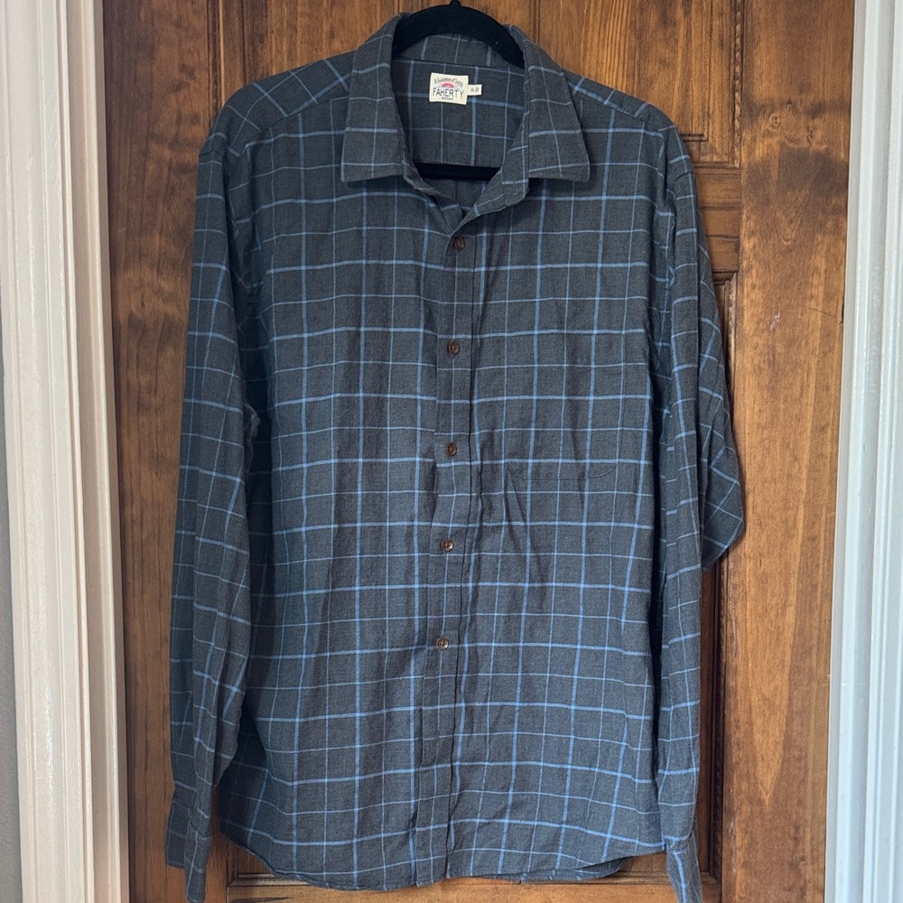 Faherty Gray Button-Down Shirt with Blue Windowpane